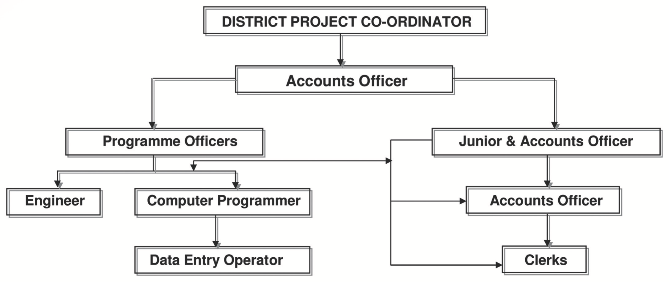 Organogram of the District Project Office: District Project Co-ordinator reporting through Accounts Officer to Programme Officers and Junior & Accounts Officer, branching into Engineer, Computer Programmer, Data Entry Operator, Accounts Officer and Clerks.