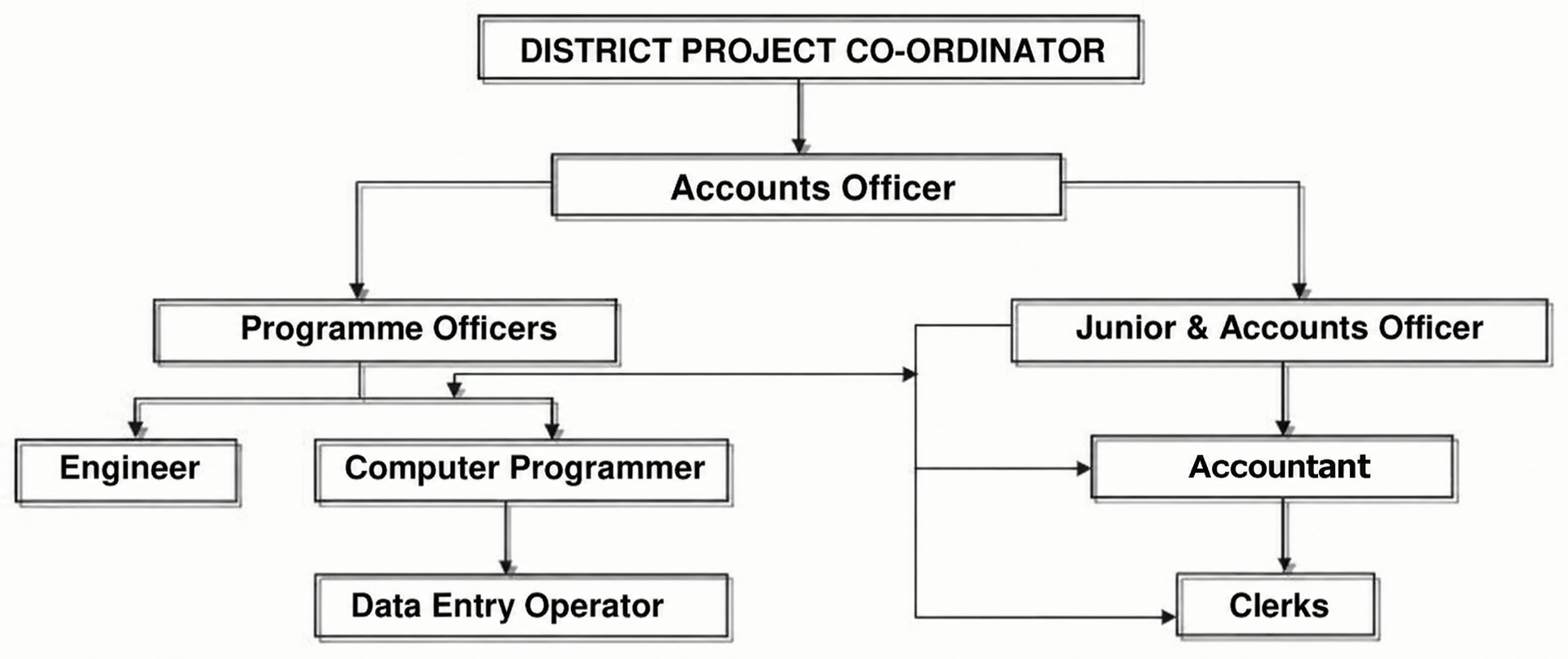Organogram of the District Project Office: District Project Co-ordinator reporting through Accounts Officer to Programme Officers and Junior & Accounts Officer, branching into Engineer, Computer Programmer, Data Entry Operator, Accountant and Clerks.
